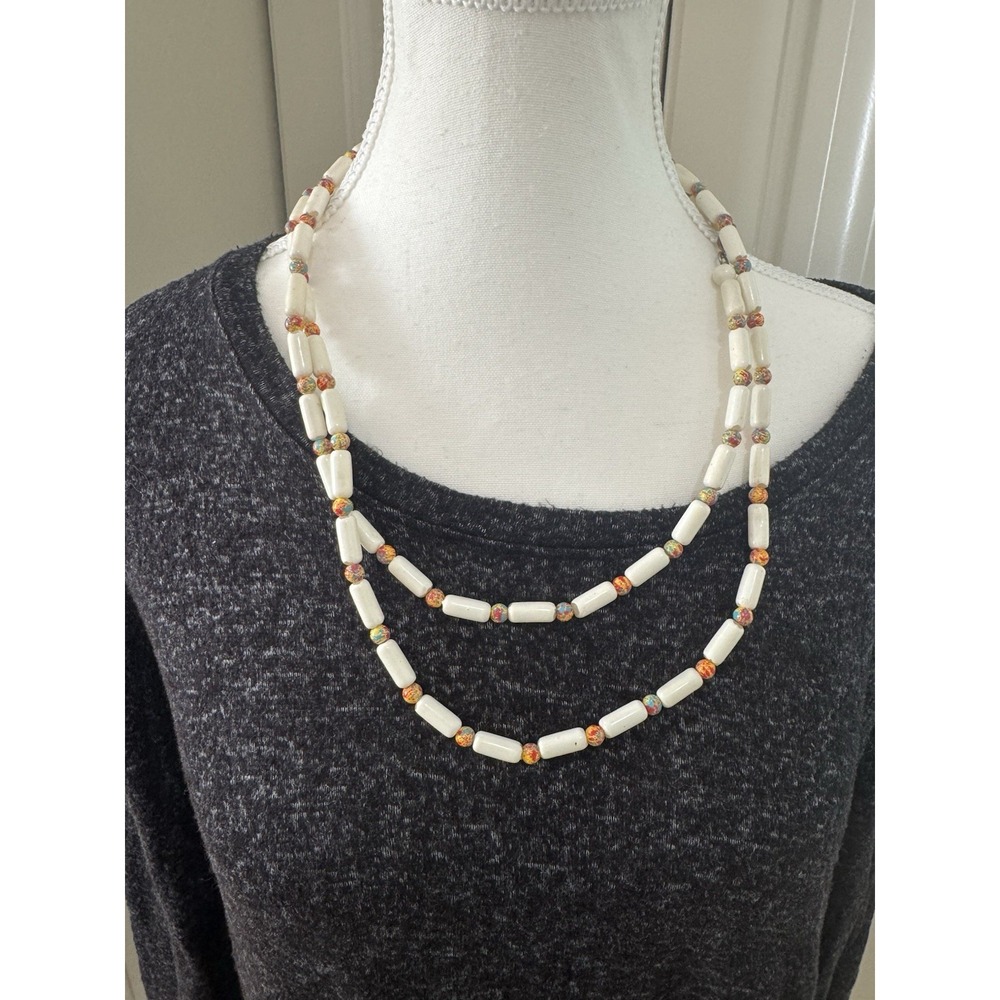 Vintage Navajo White Lucite Tube And Multicolor Bead Long Necklace Lobster Clasp